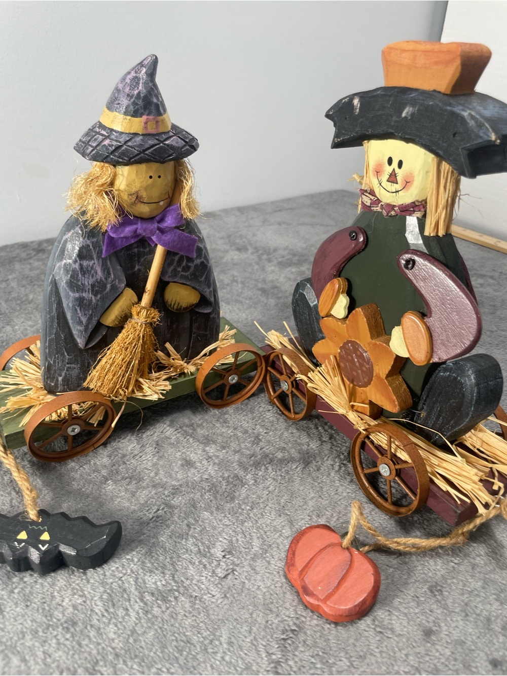 Vintage Primitive Wooden Halloween Decor - Witch & Scarecrow Wagons (Set of 2)